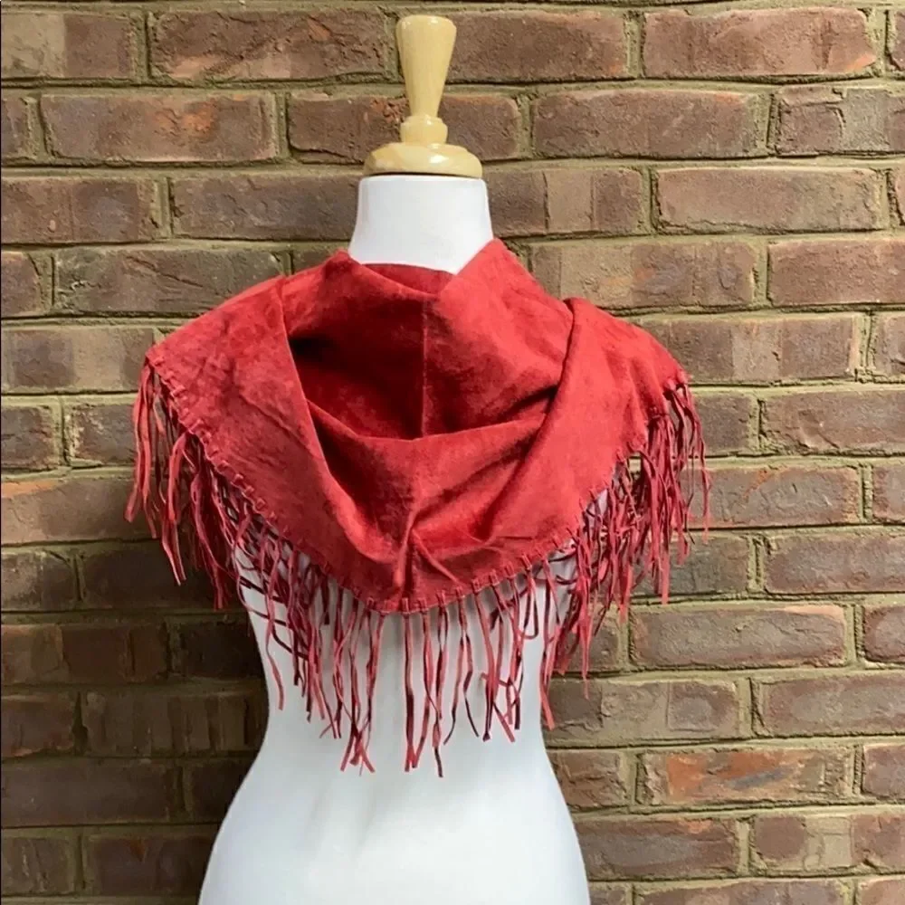 Central Falls Red Suede Fringed Cape Shawl